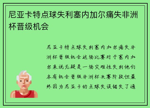 尼亚卡特点球失利塞内加尔痛失非洲杯晋级机会